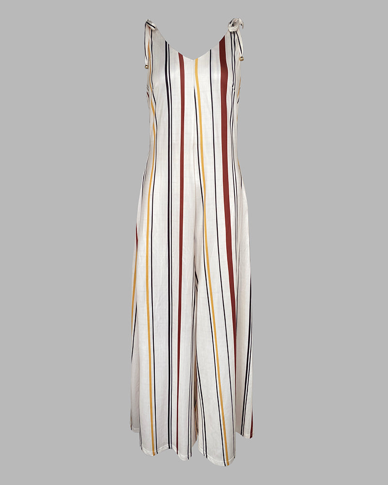 Women's V Neck Bow Tie Shoulder Striped Jumpsuit Casual Loose Wide Leg Overalls with Pockets - Image 6