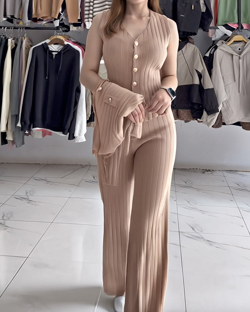 3 Pcs Outfits V Neck Long Sleeve Knit Coat with Metal Button Detail Tank Top Casual Long Pants Knit Sets - Image 5