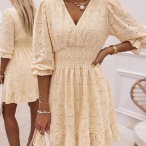 Women's Lace Overlap V-Neck Ruffle Hem Dress Shirred High Waist A-Line Party Dress Three Quarters Sleeve Vacation Dress