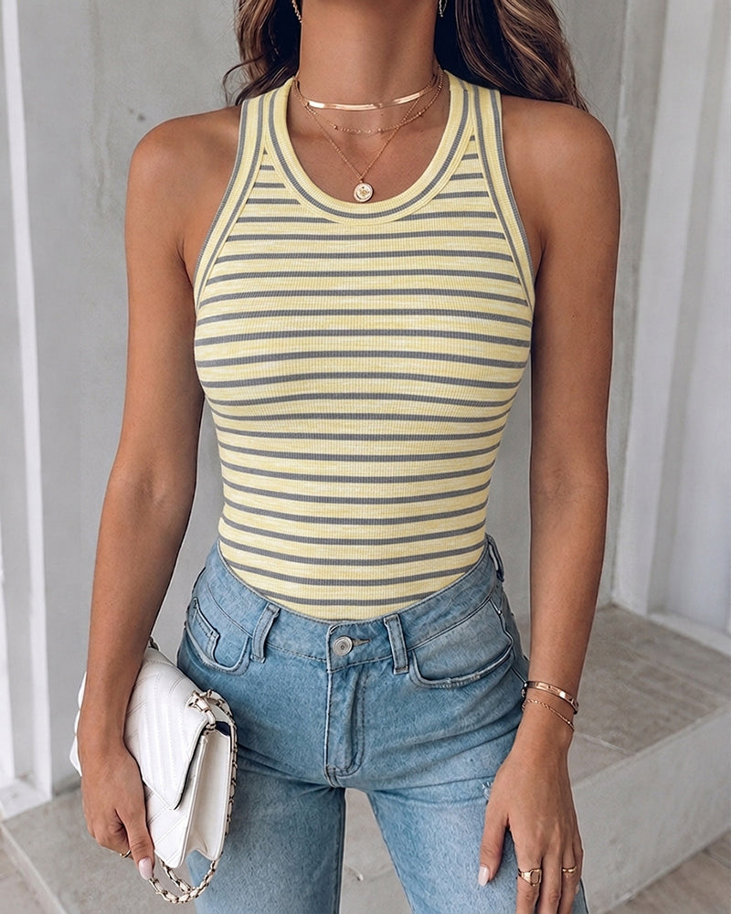 Women's Striped Racerback Tank Top Slim Fit Ribbed Sleeveless Top with Built in Bra - Image 13