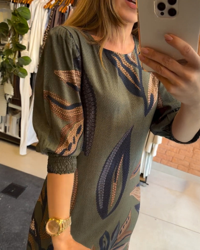 Plants Print Round Neck Half Sleeve Midi Dress - Image 7
