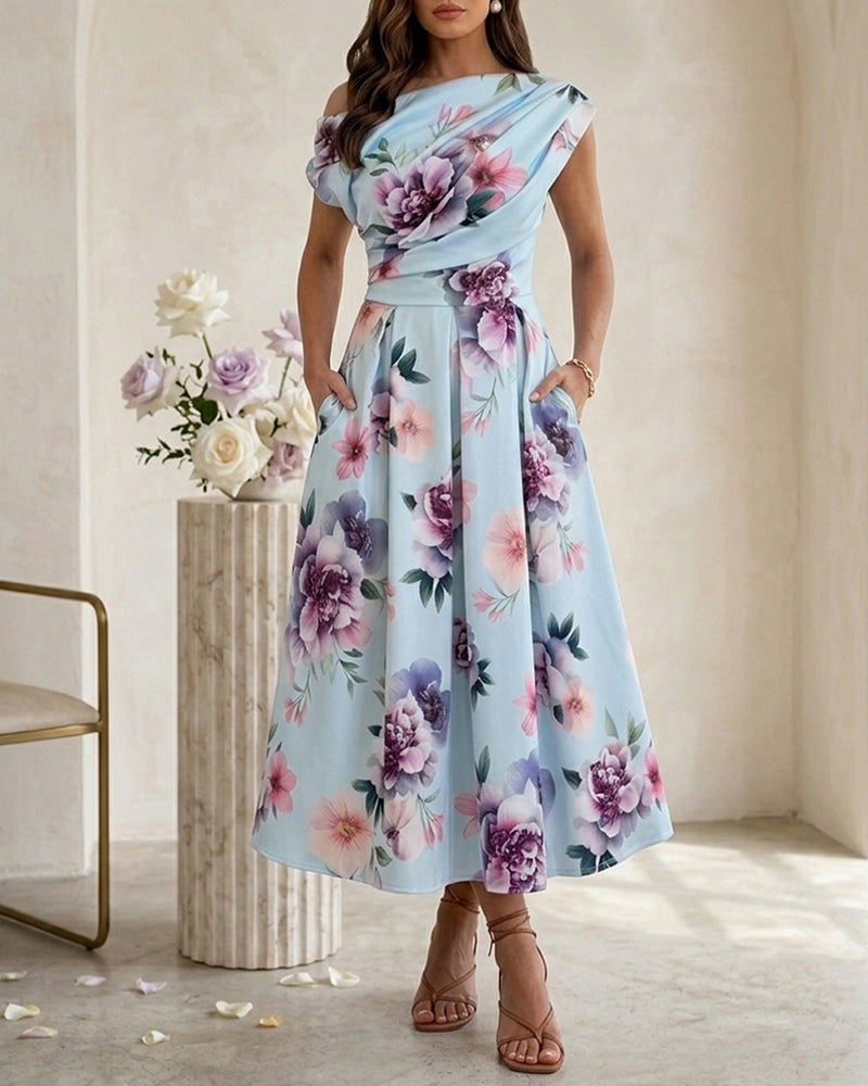 Women's Skew Neck Midi Dress Elegant Ruched Floral A-Line Dress High Waisted Vacation Dress with Pockets - Image 5