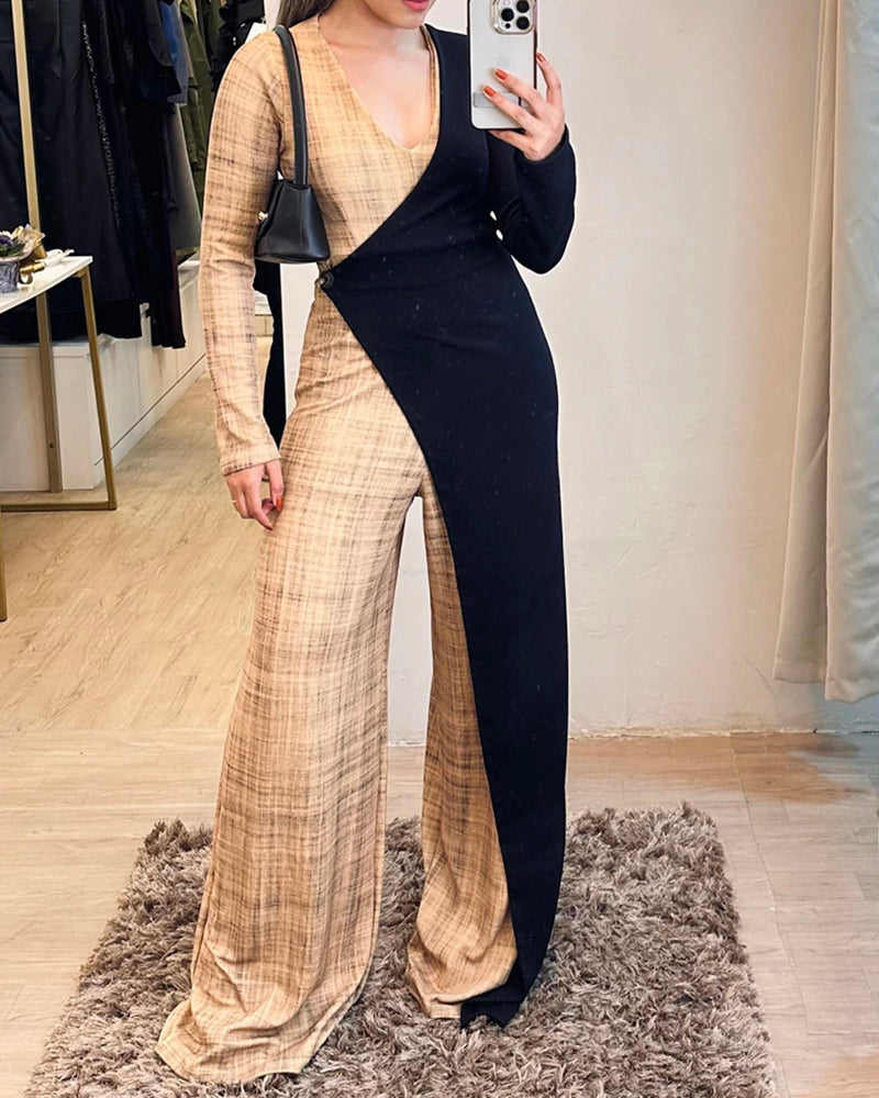 Colorblock Long Sleeve V Neck Faux Two Piece Jumpsuit Casual Wide Leg Romper - Image 3