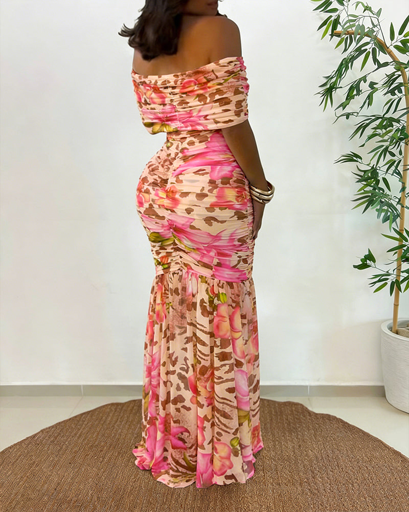 Women's Foldover Off Shoulder Mermaid Dress Ruched Bodycon Leopard Floral Maxi Dress Sexy Tropical Vacation Dress - Image 2