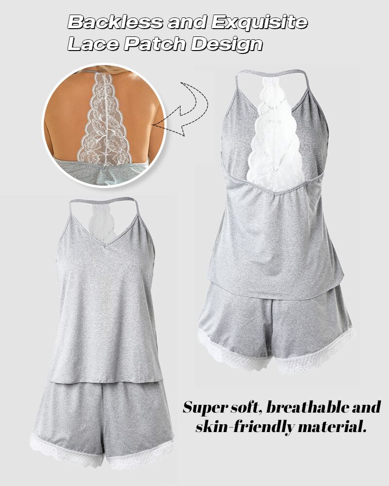 Crochet Lace Trim Backless Cami Top And Shorts Set Pajams Set Sleepwear - Image 3