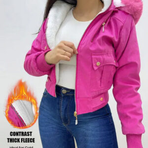 Fuzzy Trim Jacket Hooded Zip Up Fleece Lined Coat Outwear with Pockets