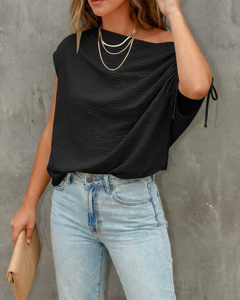 Skew Neck Drawstring Sleeve Loose Fit Casual Top - Image 10