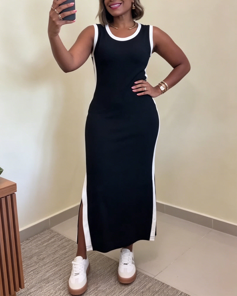 Women's Contrast Binding Tank Dress Slim Fit Sleeveless Maxi Dress Side Slit Casual Knit Sundress - Image 5