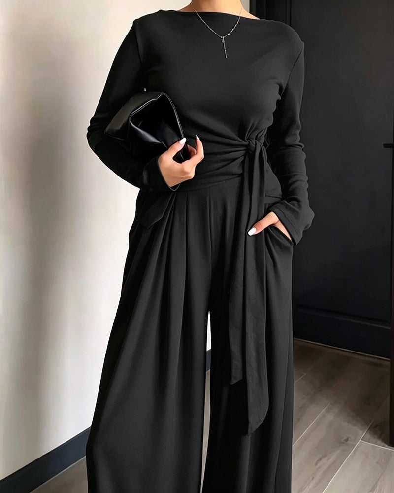 Women's 2 Piece Knit Lounge Set Long Sleeve Tie Waist Top and High Waisted Wide Leg Pants Casual Soft Sweatsuit with Pockets - Image 16