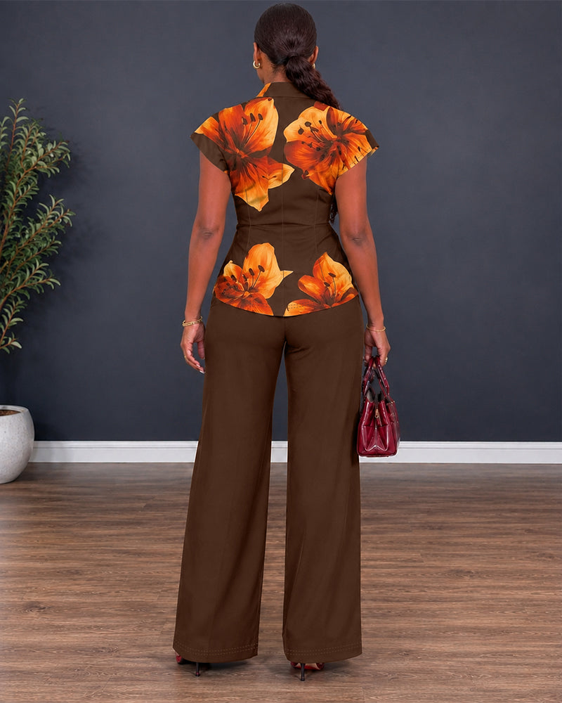 Women's Two Piece Outfit Vintage Floral Twist Front Top and Straight Leg Pants Set - Image 2