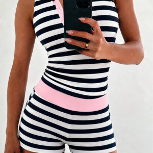 Women's 2 Piece Striped Slim Fit Outfit Sleeveless Polo Top and High Waisted Shorts Set