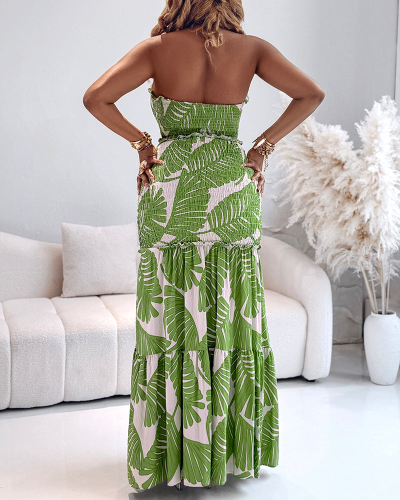 Tropical Print Halter Tie Shirred Frill Trim Cinched Waist Vacation Dress Ruched Cutout Front Slim Fit Ruffle Hem Mermaid Dress - Image 12