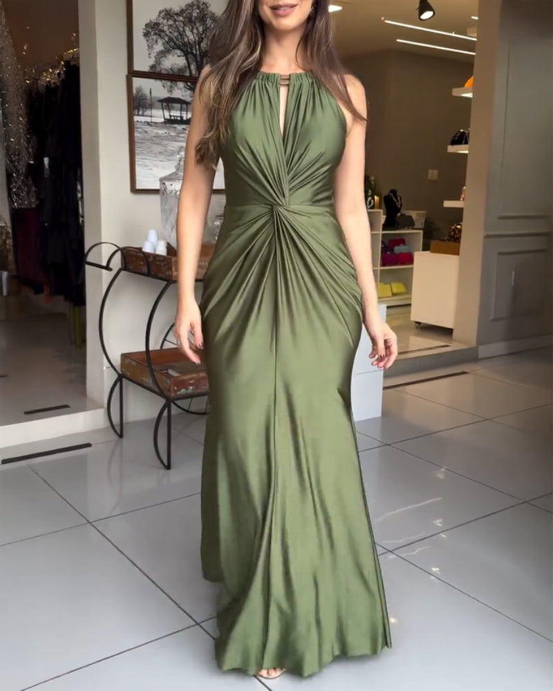 Women's Halter Tie Satin Maxi Dress Twist Front Cutout Backless Mermaid Cockail Dress Ruched Evening Party Dress - Image 3