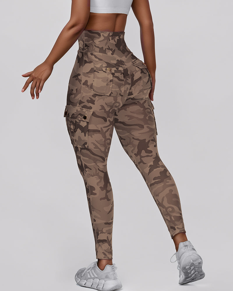 Camouflage Print High Waist Skinny Leggings with Cargo Flap Pockets Casual Pants - Image 10