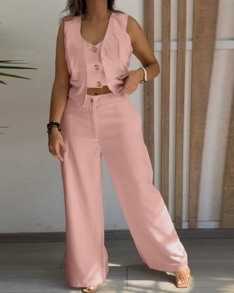 Women's Two Piece Outfits Faux Two Piece Sleeveless Crop Top and High Waisted Wide Leg Pants Elegant Matching Suit - Image 18