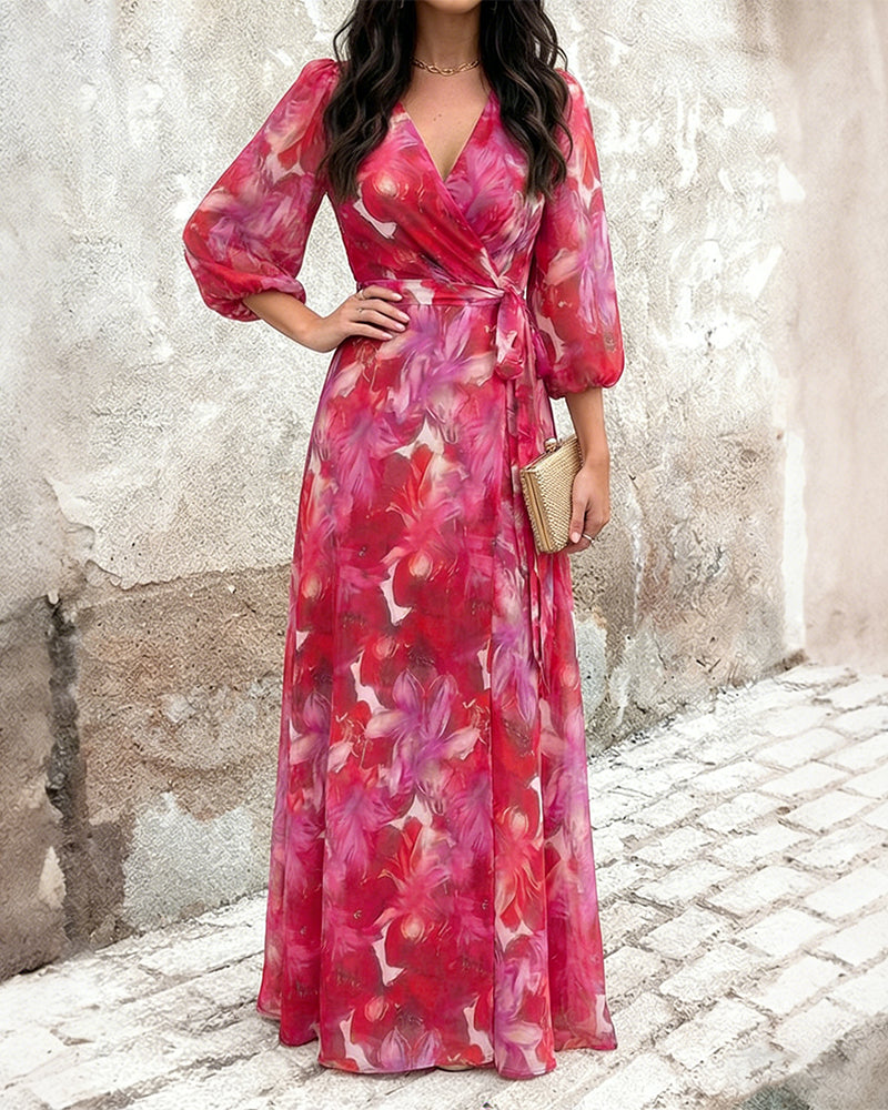 Women's Floral Print Wrap Knot Side Dress V Neck Three Quarters Sleeve Chiffon Maxi Dress High Slit Vacation Dress - Image 3