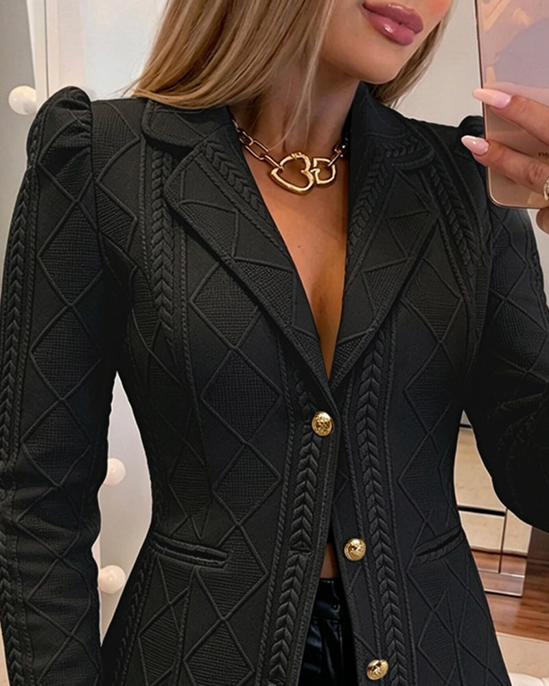 Women's Elegant Argyle Textured Blazer Slim Fit Puff Sleeve Suit Jacket Gold Button Work Office Commuter Blazer with Pockets - Image 15