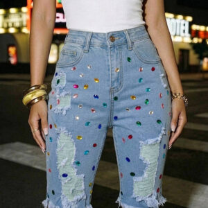 Women's Colorful Rhinestone Ripped Denim Shorts High Waisted Raw Hem Y2K Washed Jean Shorts