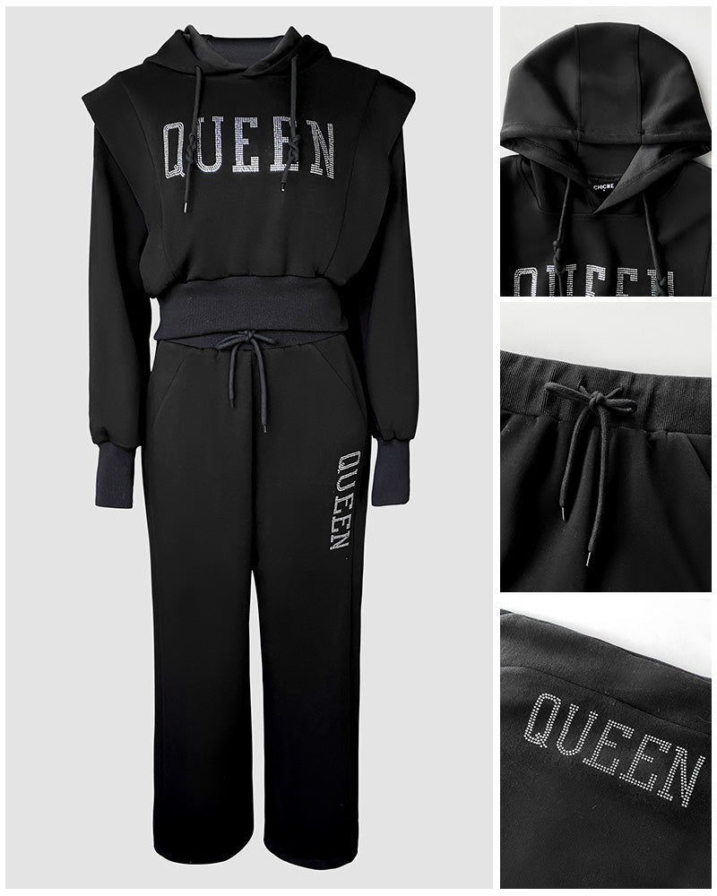 2 Pieces Outfit 3D Design Crop Drawstring Hoodie Top and Drawstring Elastic Waist Wide Leg Sweatpants Set Casual Rhinestone Letter Pattern Sweatshirt Set - Image 6