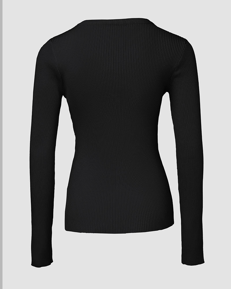 Crewneck Half Zipper Flap Detail Knit Sweater Long Sleeve Slim Fit Ribbed Pullover Top - Image 7