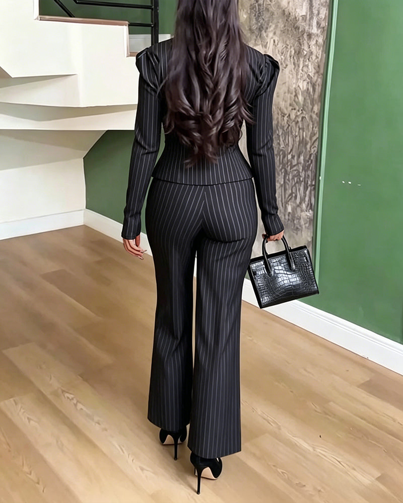 Women's 2 Piece Stripe Suit Elegant Sweetheart Neck Peplum Blazer and High Waisted Wide Leg Pants Business Outfits - Image 2