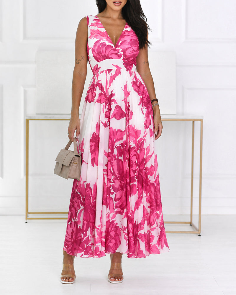 Women's Floral Print Maxi Dress Overlap V Neck Backless Chiffon Sundress Sleeveless High Waist Flowy A-Line Vacation Dress - Image 6