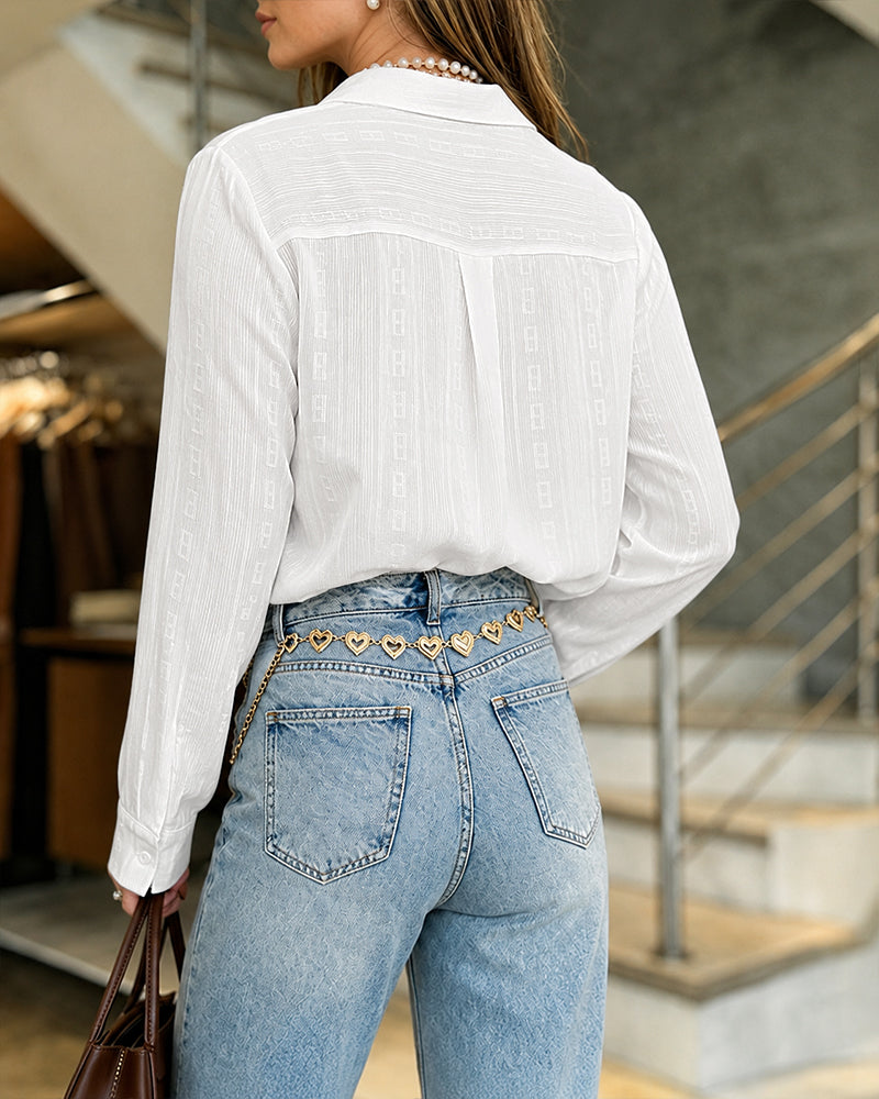 Women's Casual Button Down Shirt Textured Jacquard Chiffon Blouse Long Sleeve Top - Image 2