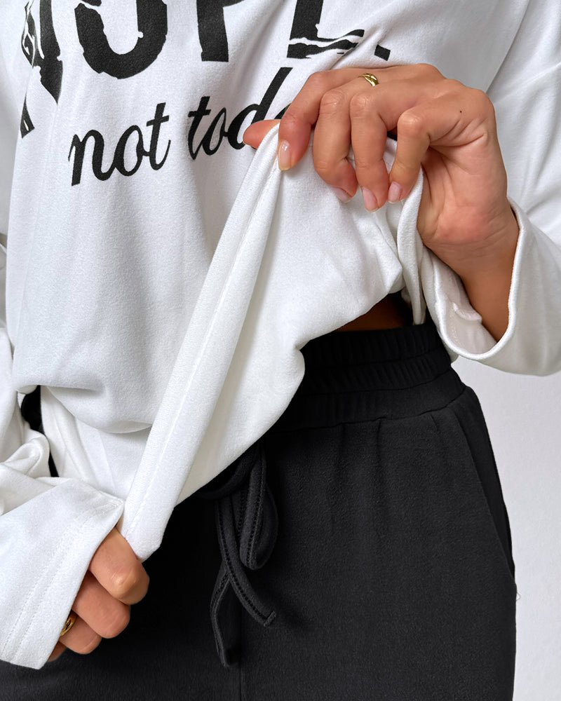 2 Pieces Outfit Nope. Not Today Slogan Print Skew Neck Long Sleeve Pullover Top And Casual Drawstring Stretchy Waist Slim Fit Pants Set - Image 11