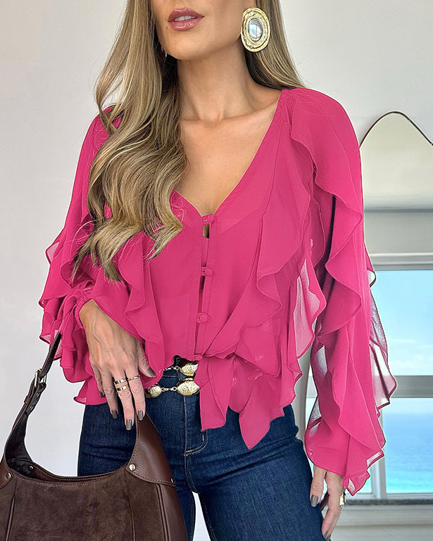 V Neck Shoulder Ruffles Design Blouse Casual Button Front Long Sleeve Top - Image 14