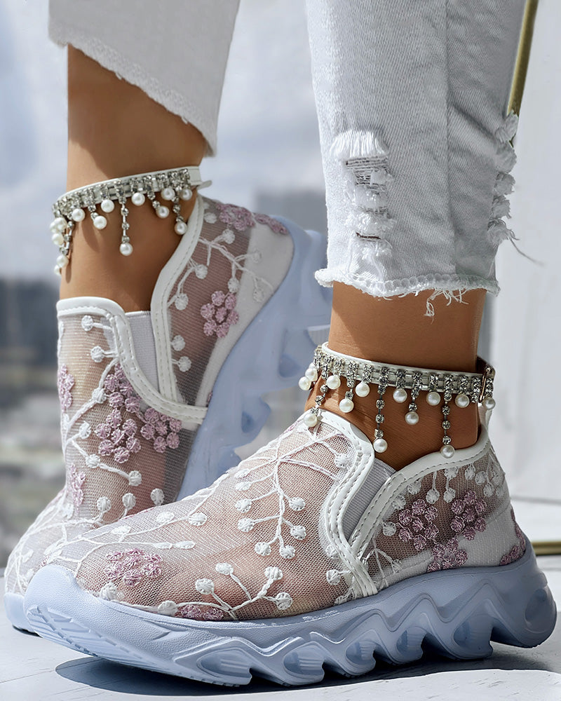 Floral Pattern Sheer Mesh Patch Round Toe Sneakers - Image 11