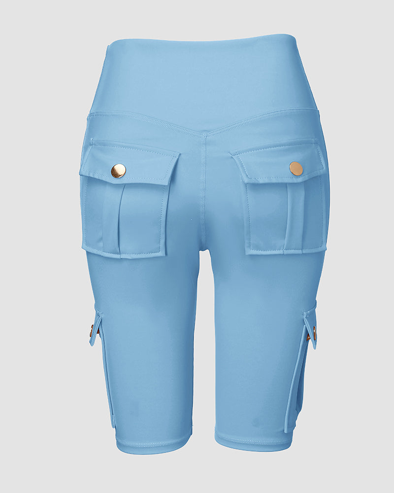 Tummy Control Butt Lifting Active Shorts High Waist Flap Pocket Workout Bermuda Cargo Running Shorts - Image 25