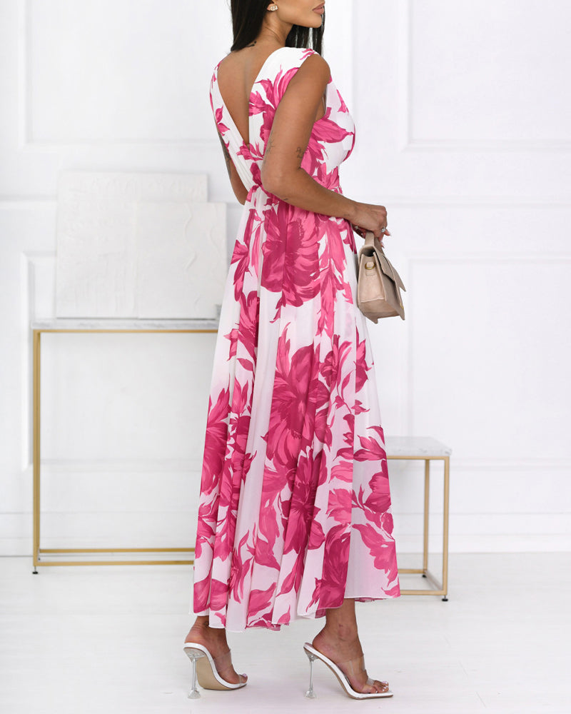 Women's Floral Print Maxi Dress Overlap V Neck Backless Chiffon Sundress Sleeveless High Waist Flowy A-Line Vacation Dress - Image 5