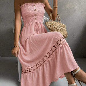 Women's Strapless Shirred Maxi Dress Lace Splice Tied Detail Frill Trim Sundress with Detachable Clear Straps