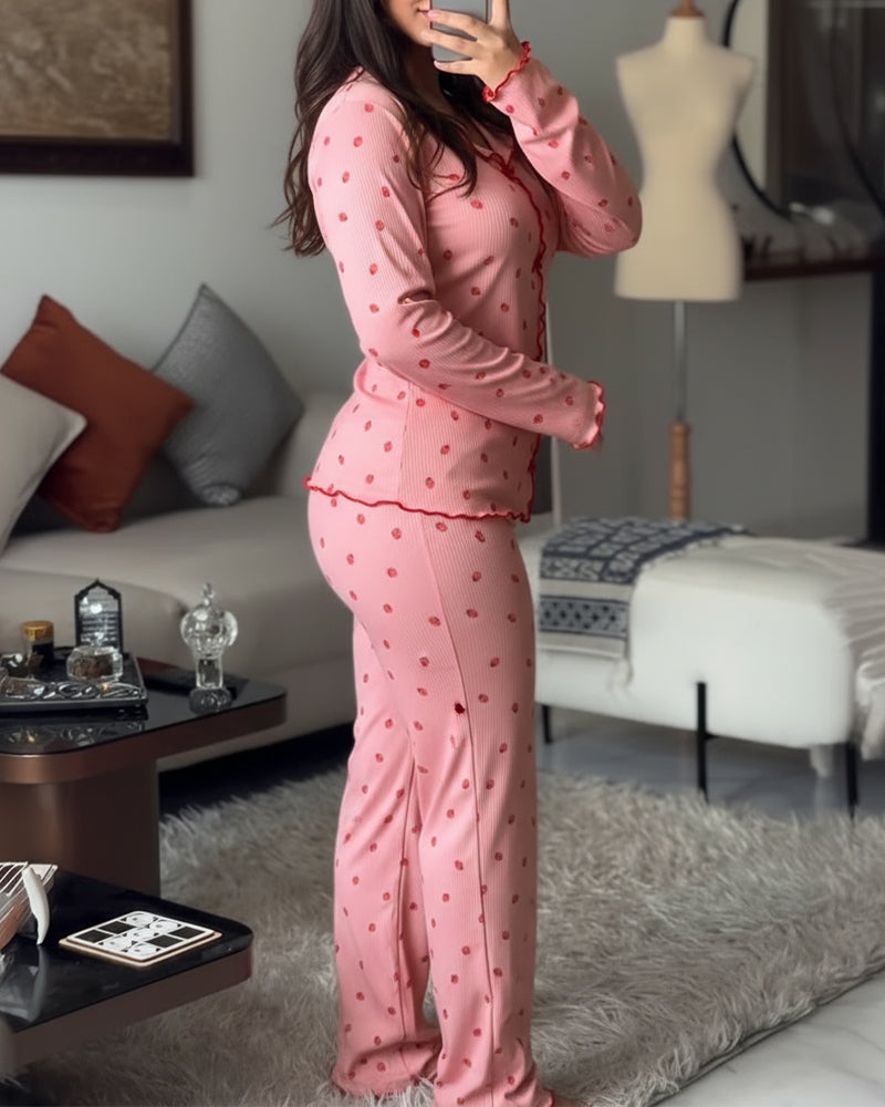 2 Pieces Outfit Bowknot Decor Turn-down Collar V-Neck Top and Elastic Waist Slit Hem Pants Set Casual Strawberry Print Frill Trim Ribbed Pajamas Set - Image 8