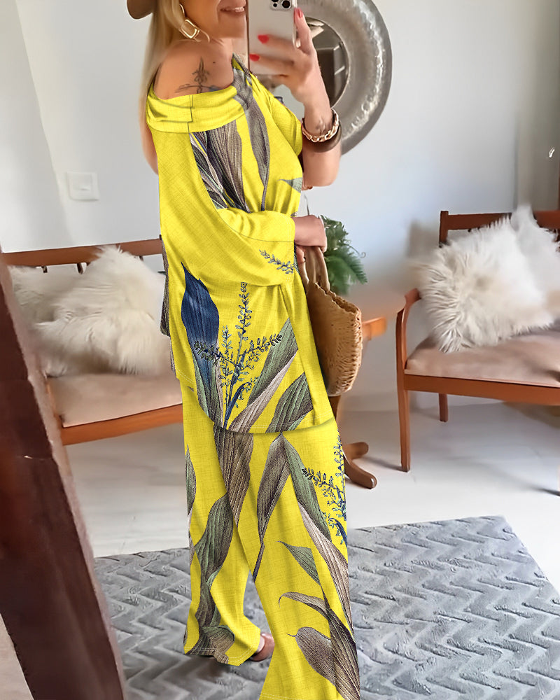 2 Pieces Outfit Plants Print Cold Shoulder Batwing Sleeve Top and Casual Wide Leg Pants Set - Image 16