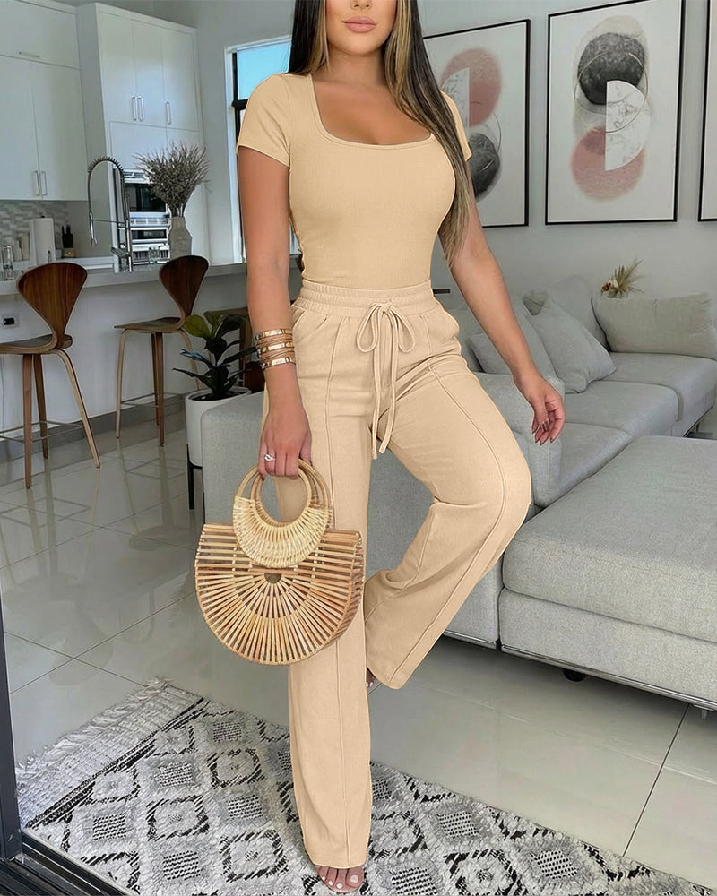 2 Pieces Outfit U-Neck Short Sleeve Slim Fit Ribbed Bodysuit and Drawstring Elastic Waist Seam Front Pants Casual Versatile Set - Image 5
