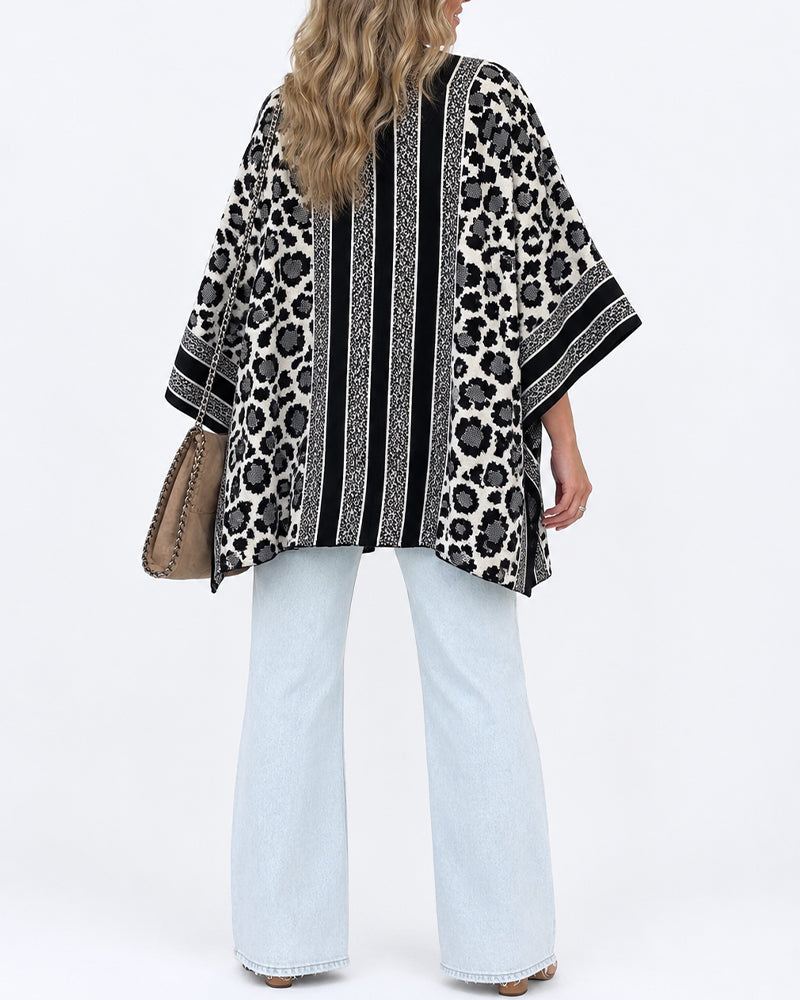 Women's Leopard Print Poncho Cardigan Contrast Striped Trim Open Front Loose Fit Batwing Sleeve Knit Cape Shawl - Image 2