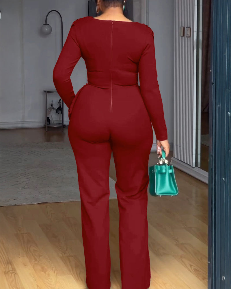 Cowl Neck Asymmetrical Textured Patchwork Cinched Waist Jumpsuit Casual Zipper Back Wide Leg Jumpsuit - Image 21
