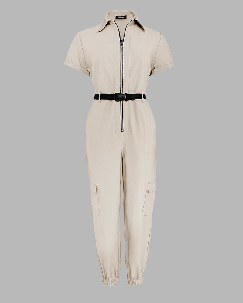 Turn-down Collar Short Sleeve Zipper Front Cuffed Short Jumpsuit Casual Pocket Design Cargo Romper with Belt - Image 5