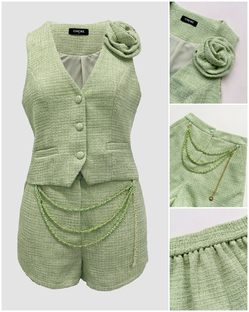 2 Pieces Outfit 3D Flower Decor V-Neck Sleeveless Button Front Vest and Chain Decor Zipper Fly Elastic Back Waist Shorts Set Casual Tweed Set - Image 4