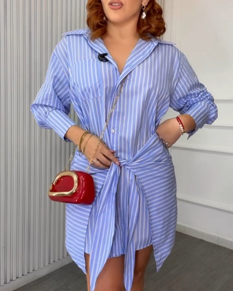 Women's Striped Button Down Shirt Dress Tie Front Wrap Asymmetric Hem Long Sleeve Casual Dress - Image 5