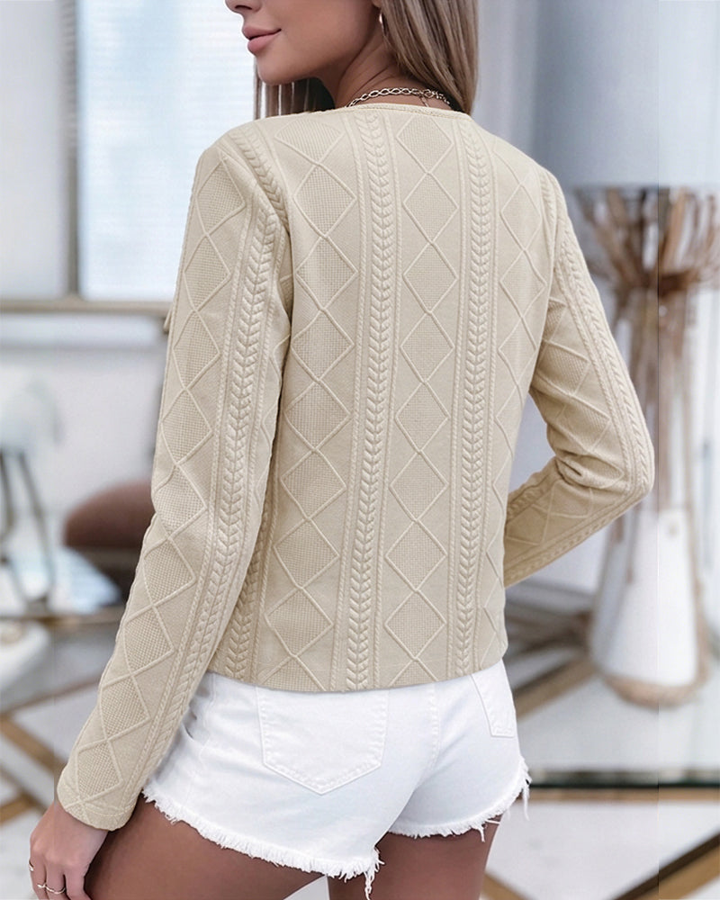 Women's French Style Cropped Jacket Round Neck Gold Button Coat Argyle Cable Jacquard Knit Outerwear - Image 2
