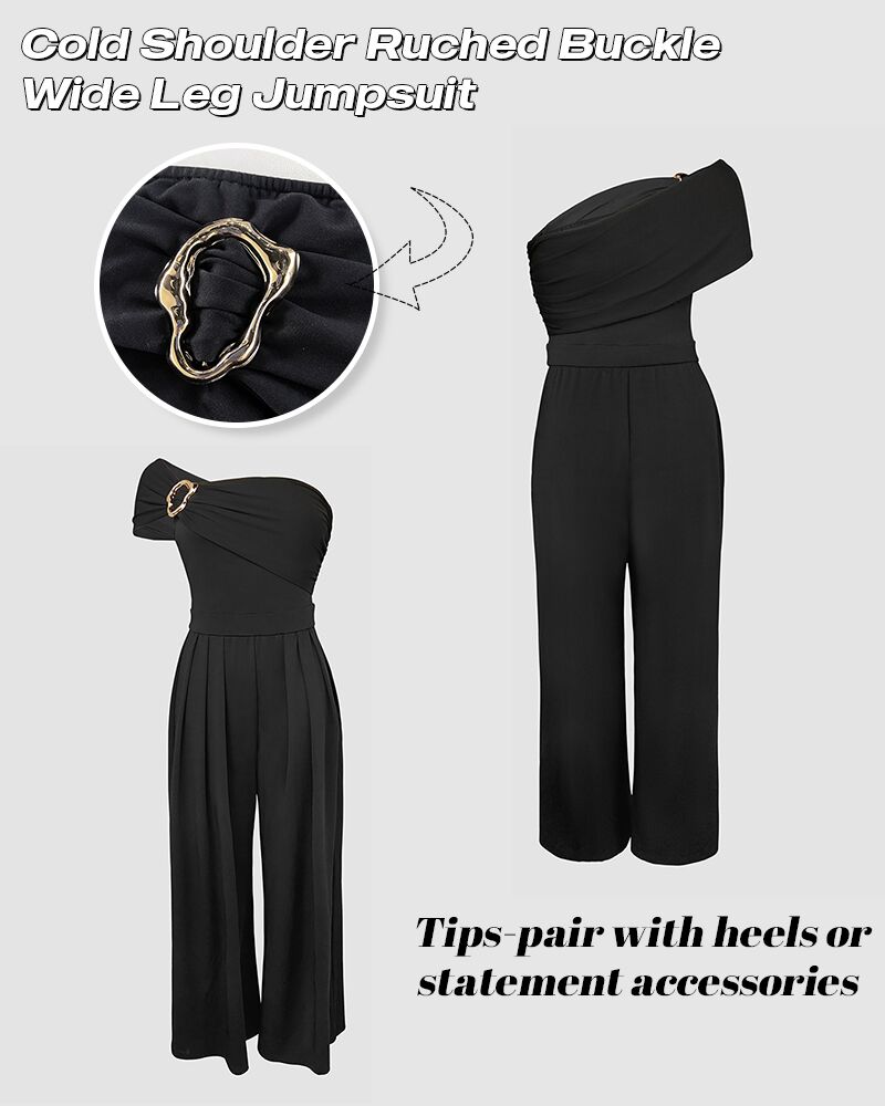CHICME Women's One Shoulder Gold Buckle Jumpsuit Ruched Waist Wide Leg Romper - Image 6