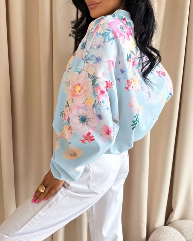 Women's Watercolor Floral Sweatshirt Casual Crewneck Pullover Lantern Sleeve Loose Fit Top - Image 6