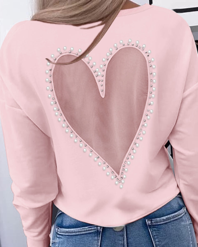 Pearls Decor Sheer Heart Pattern Mesh Spliced Tee Casual Drop Shoulder Long Sleeve Top - Image 7