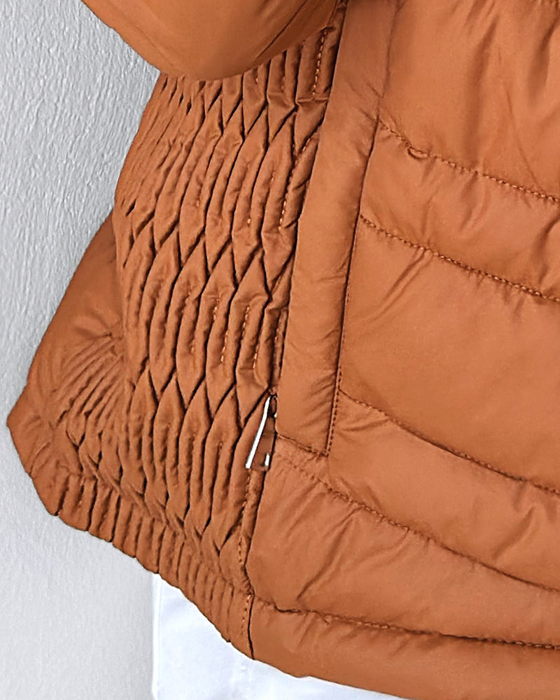 Zipper Pocket Design Shirred Fuzzy Trim Fleece Lined Hooded Puffer Jacket - Image 15