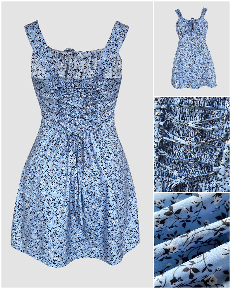 Ditsy Flora Print Square Neck Thick Strap Jumpsuit Tied Detail Shirred Back Slit Slim Fit Skort Romper - Image 3