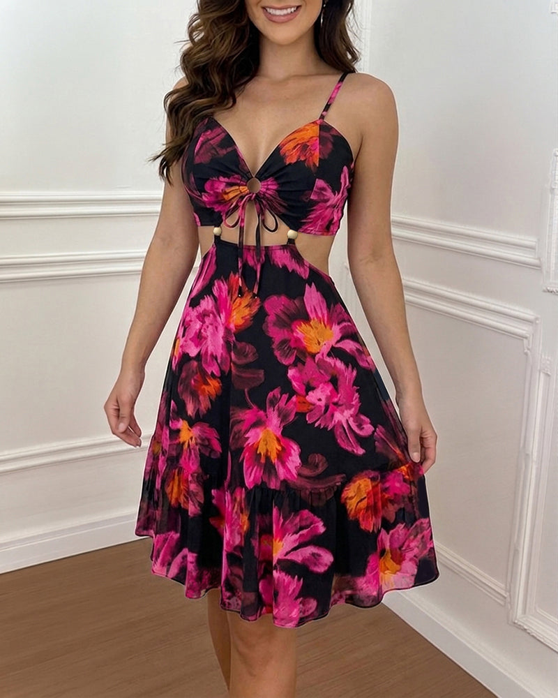 Women's Vintage Floral Print Mini Dress Sexy Sweetheart Neck Cut Out Sundress Backless Ruched A-Line Vacation Dress - Image 5