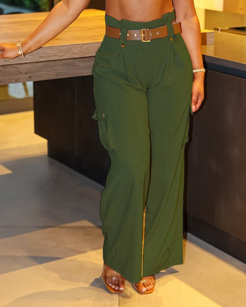 Women's Pockets Design Cargo Pants Casual High Waisted Trousers with Contrast Belt - Image 9