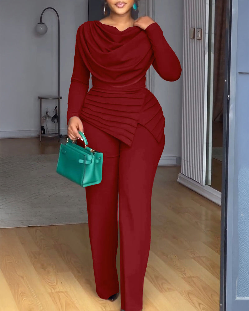 Cowl Neck Asymmetrical Textured Patchwork Cinched Waist Jumpsuit Casual Zipper Back Wide Leg Jumpsuit - Image 20